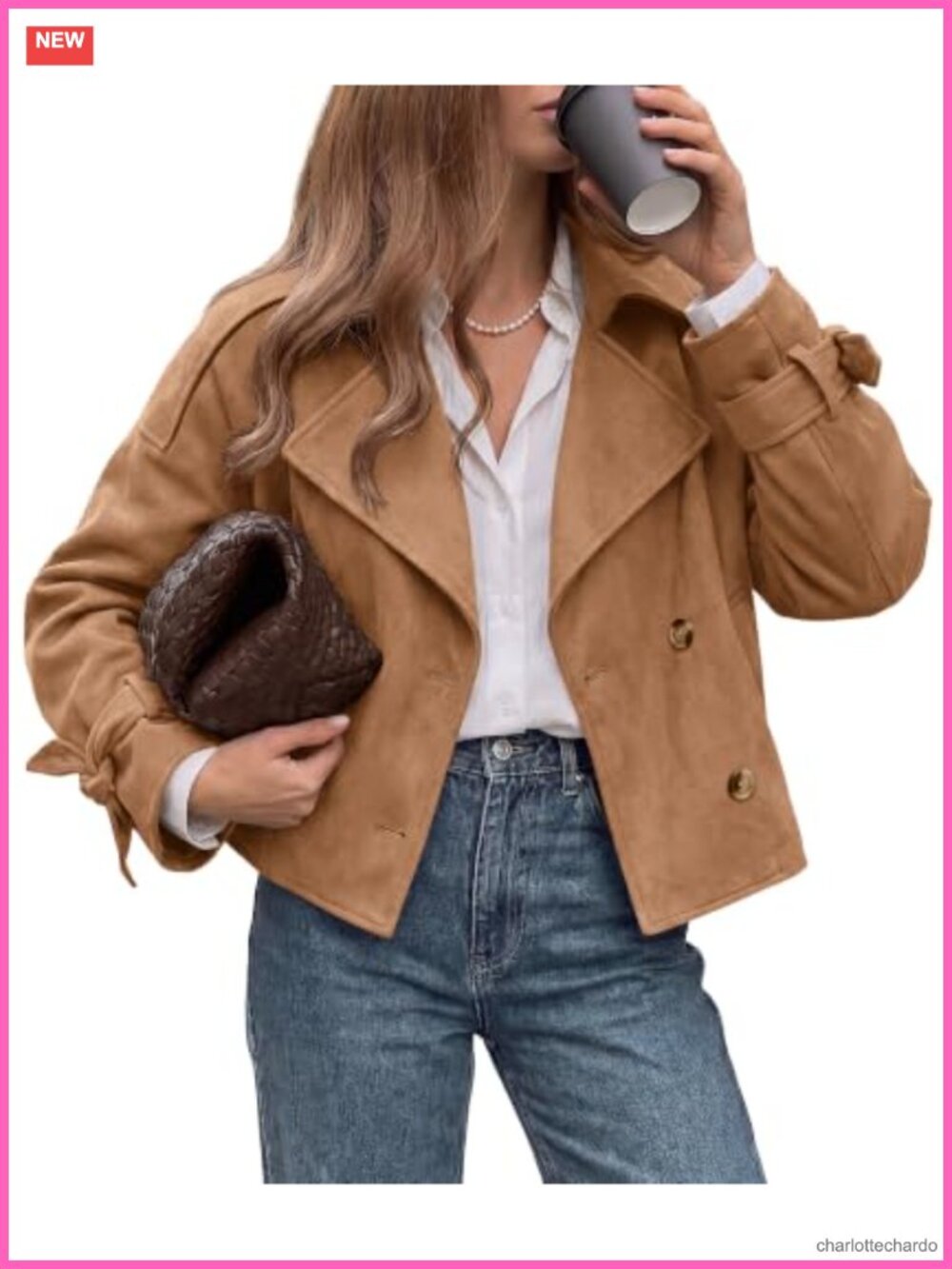Women Faux Suede Double Breasted Cropped Trench Coat